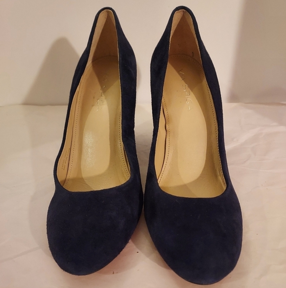 Via Spiga Vero Cuoio "Carmen" Navy Blue Suede Block Heels in Size 7 M